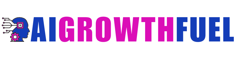 AI Growth Fuel logo featuring a blue head silhouette with circuit patterns, a pink and white square, a pink gear symbol, and the text ‘AIGROWTHFUEL’ in blue, pink, and blue.